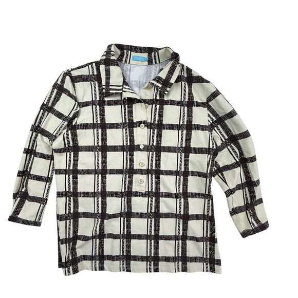 J. McLaughlin Catalina Knit Top Women Large Collar Henley Plaid Stretch Classic - Picture 2 of 10
